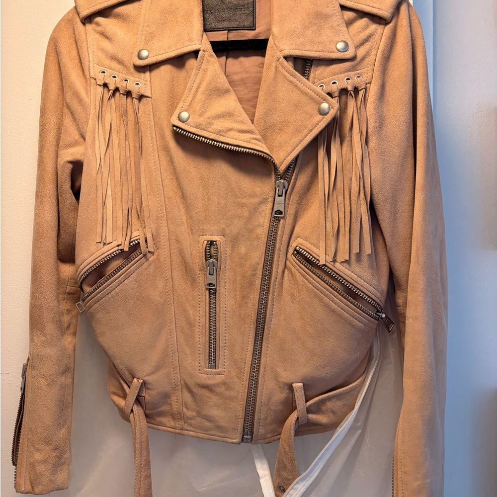 AllSaints Beige/Dusty Rose Suede Fringe Moto Jacket
